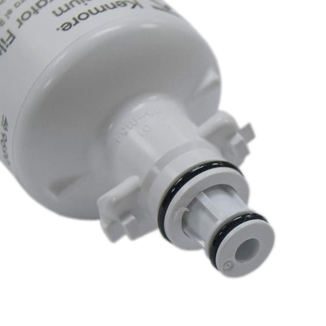 Close-up view of Kenmore 9690 refrigerator filter connector with O-rings and locking tabs for easy installation.