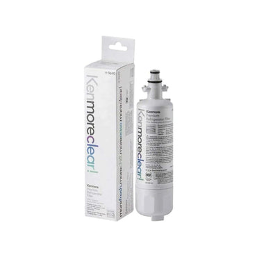 Kenmore 9690 Refrigerator Water Filter with box packaging, white filter cartridge beside retail box labeled Kenmore Clear.