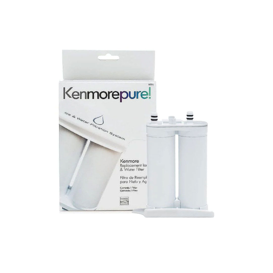 Front view of the Kenmore 9911 replacement refrigerator water filter standing in front of the KenmorePure retail box