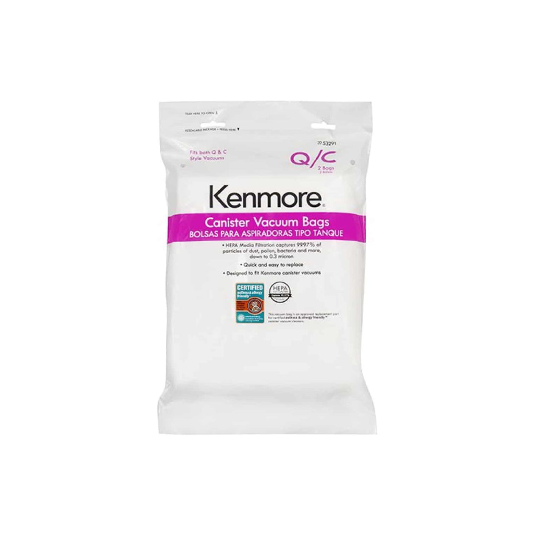 Kenmore Canister Vacuum Bags 2-pack with purple label and HEPA filtration, shown on a white background.