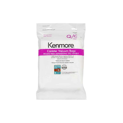 Kenmore Canister Vacuum Bags 2-pack with purple label and HEPA filtration, shown on a white background.