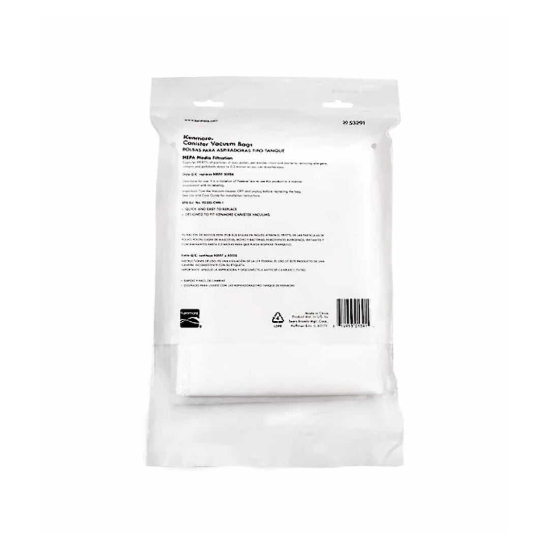 Back view of Kenmore Canister Vacuum Bags packaging, showcasing detailed instructions and information about HEPA filtration.