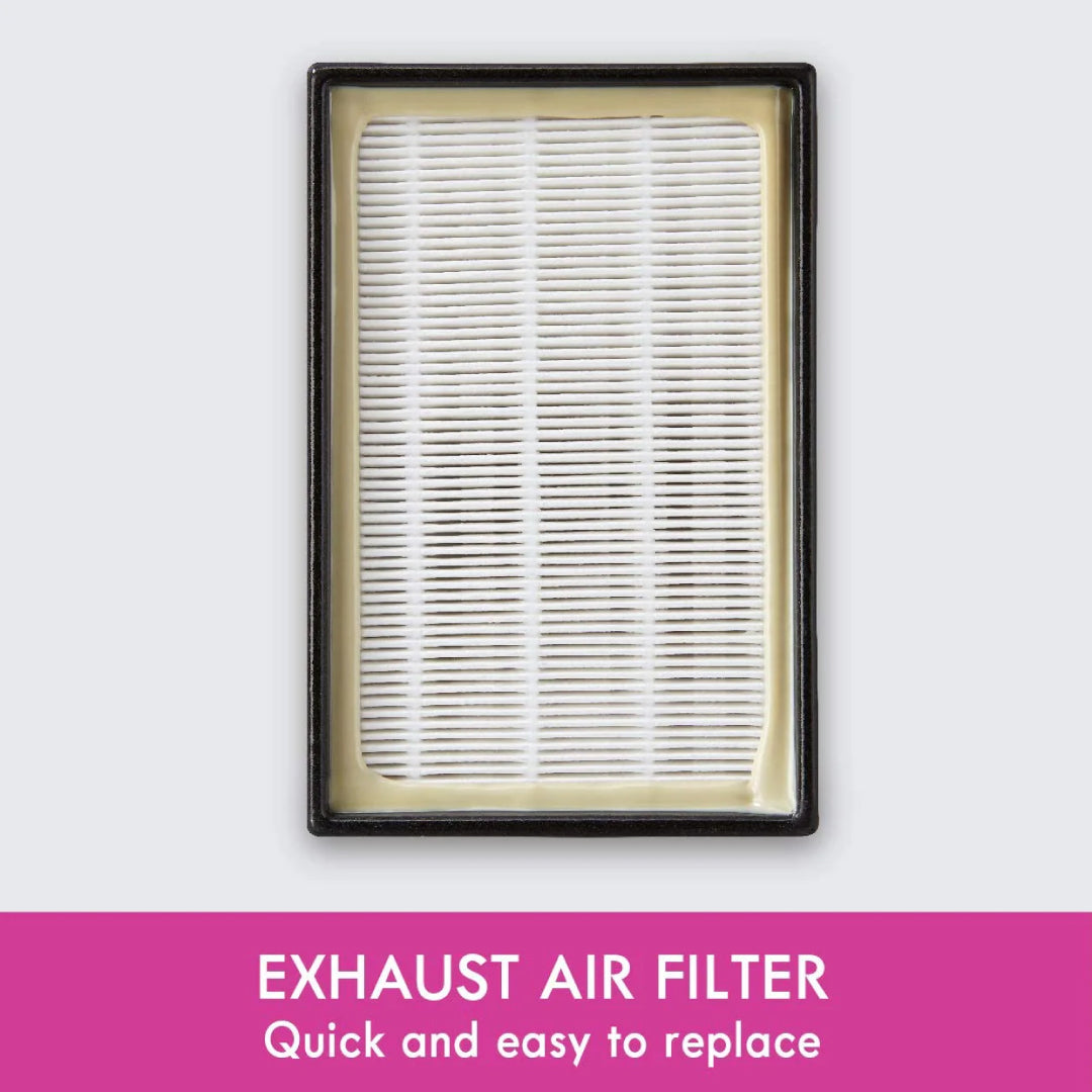 Close-up view of Kenmore EF-1 HEPA filter showing fine pleated design inside black plastic frame labeled “Exhaust Air Filter.