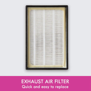Close-up view of Kenmore EF-1 HEPA filter showing fine pleated design inside black plastic frame labeled “Exhaust Air Filter.
