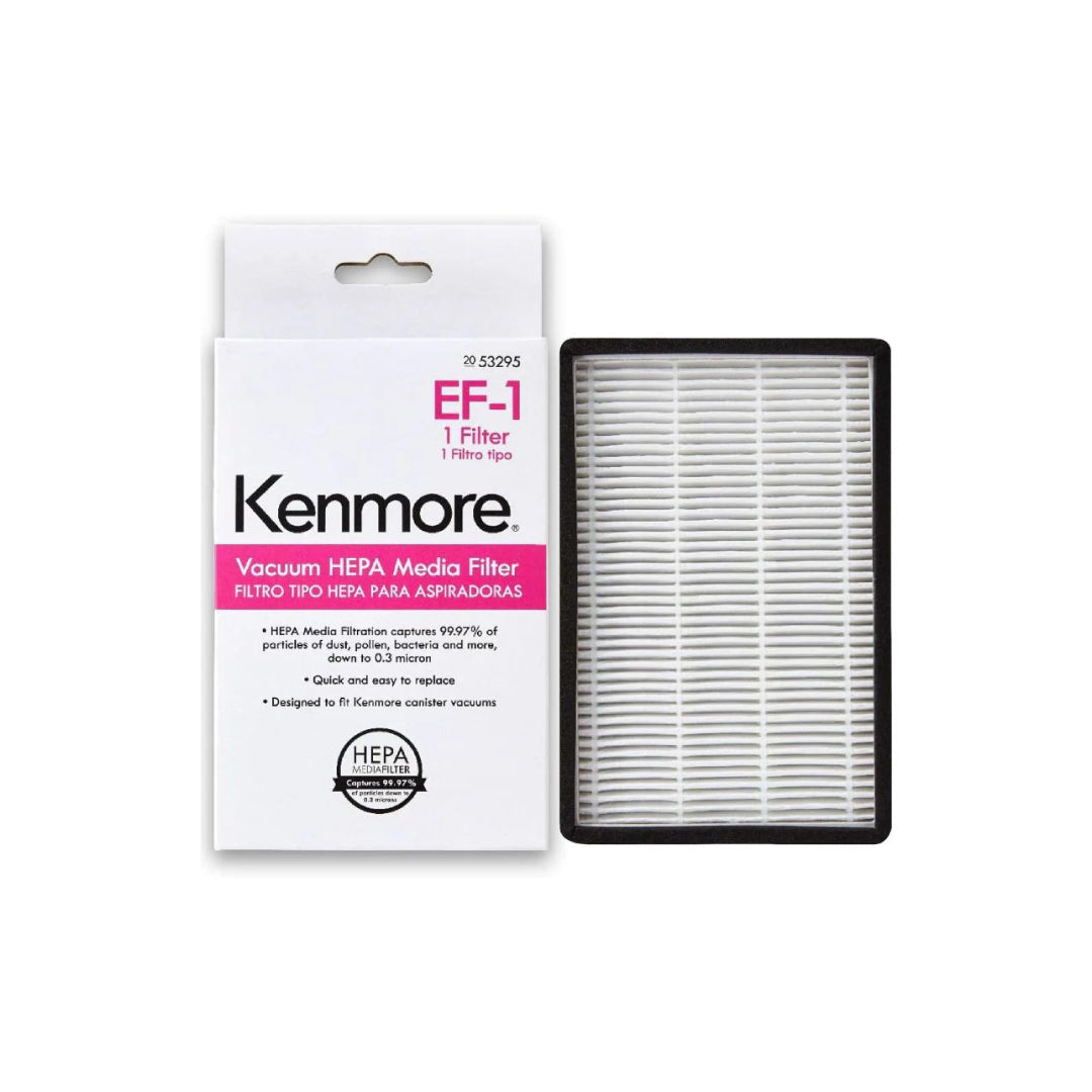 Kenmore EF-1 Vacuum HEPA Media Filter with packaging box showing product details in white and pink design.