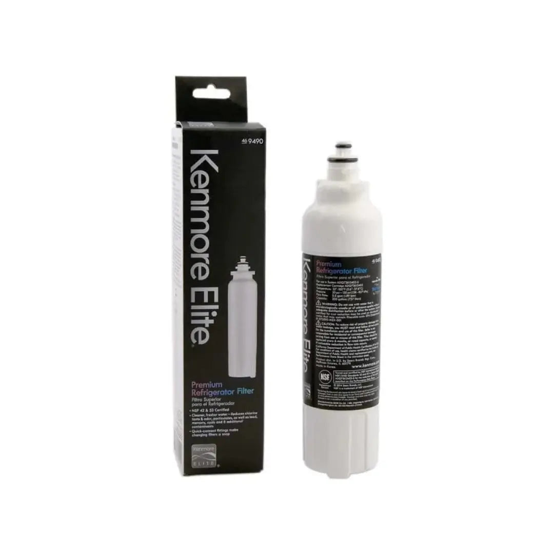 Kenmore Elite 46-9490 Refrigerator Water Filter standing beside its black retail box labeled Premium Refrigerator Filter.