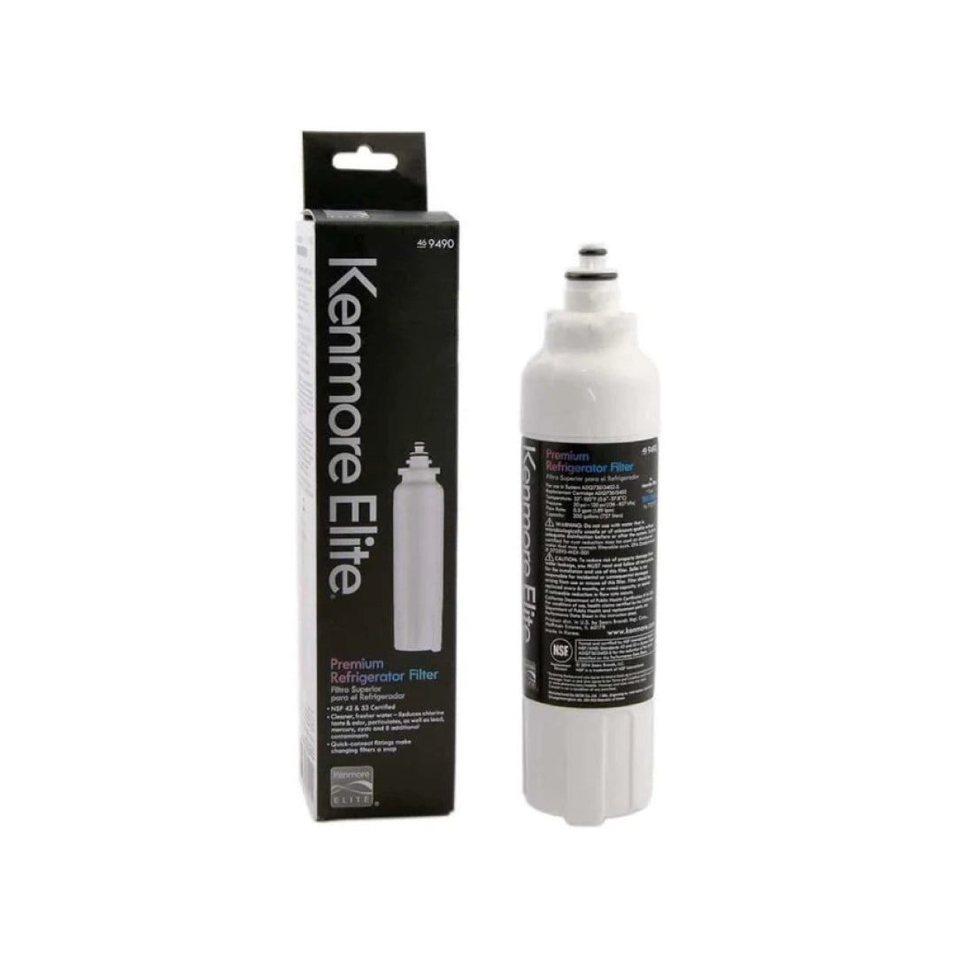 Kenmore Elite 46-9490 Refrigerator Water Filter standing beside its black retail box labeled Premium Refrigerator Filter.