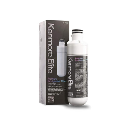 top view of Kenmore Elite 9980 Refrigerator Water Filter with packaging box next to it, highlighting its white and black design.