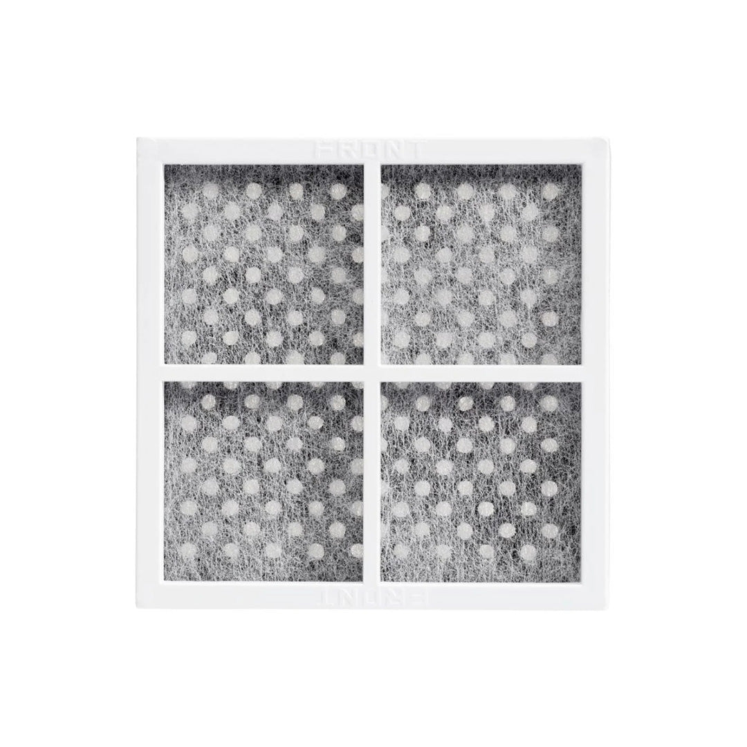 Close-up of LG LT120F refrigerator air filter showing white plastic frame and carbon fiber mesh that traps odors and purifies refrigerator airflow.