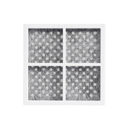 Close-up of LG LT120F refrigerator air filter showing white plastic frame and carbon fiber mesh that traps odors and purifies refrigerator airflow.