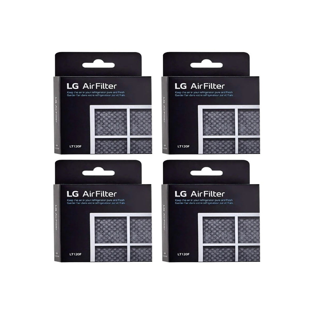 Set of four LG LT120F refrigerator air filter boxes arranged together, ideal for long-term use to eliminate odors and extend food freshness in LG fridges.