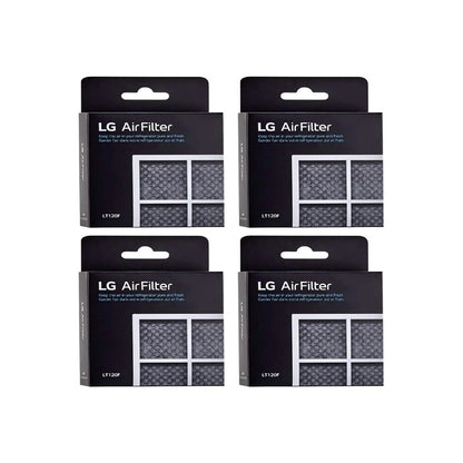 Set of four LG LT120F refrigerator air filter boxes arranged together, ideal for long-term use to eliminate odors and extend food freshness in LG fridges.