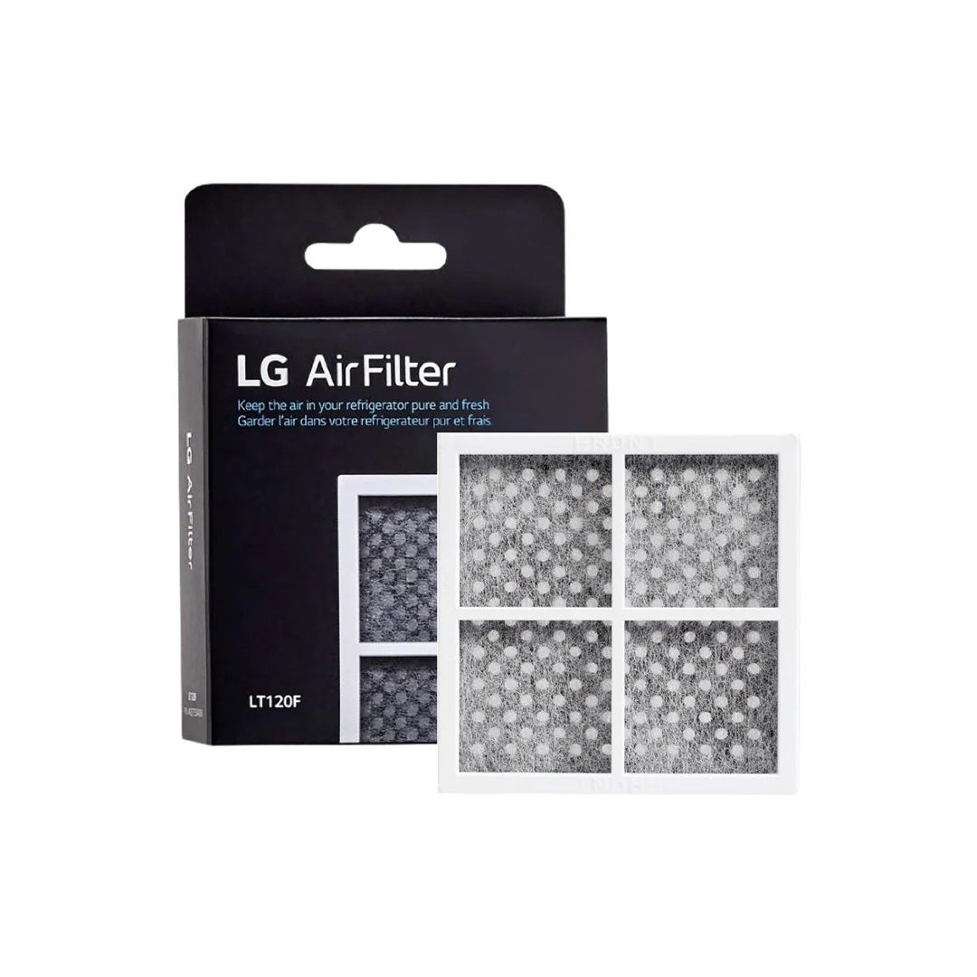 Front view of LG LT120F refrigerator air filter with box packaging, showing carbon fiber mesh design that removes odors and keeps refrigerator air fresh.