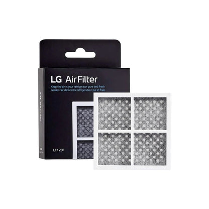 Front view of LG LT120F refrigerator air filter with box packaging, showing carbon fiber mesh design that removes odors and keeps refrigerator air fresh.