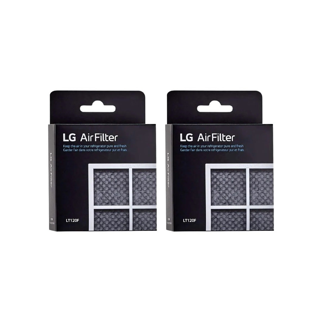 Two-pack LG LT120F refrigerator air filter boxes displayed side by side, designed for 6-month replacement to maintain clean and fresh fridge air circulation.