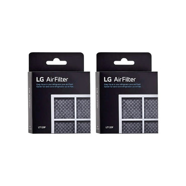 Two-pack LG LT120F refrigerator air filter boxes displayed side by side, designed for 6-month replacement to maintain clean and fresh fridge air circulation.