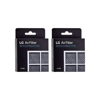 Two-pack LG LT120F refrigerator air filter boxes displayed side by side, designed for 6-month replacement to maintain clean and fresh fridge air circulation.