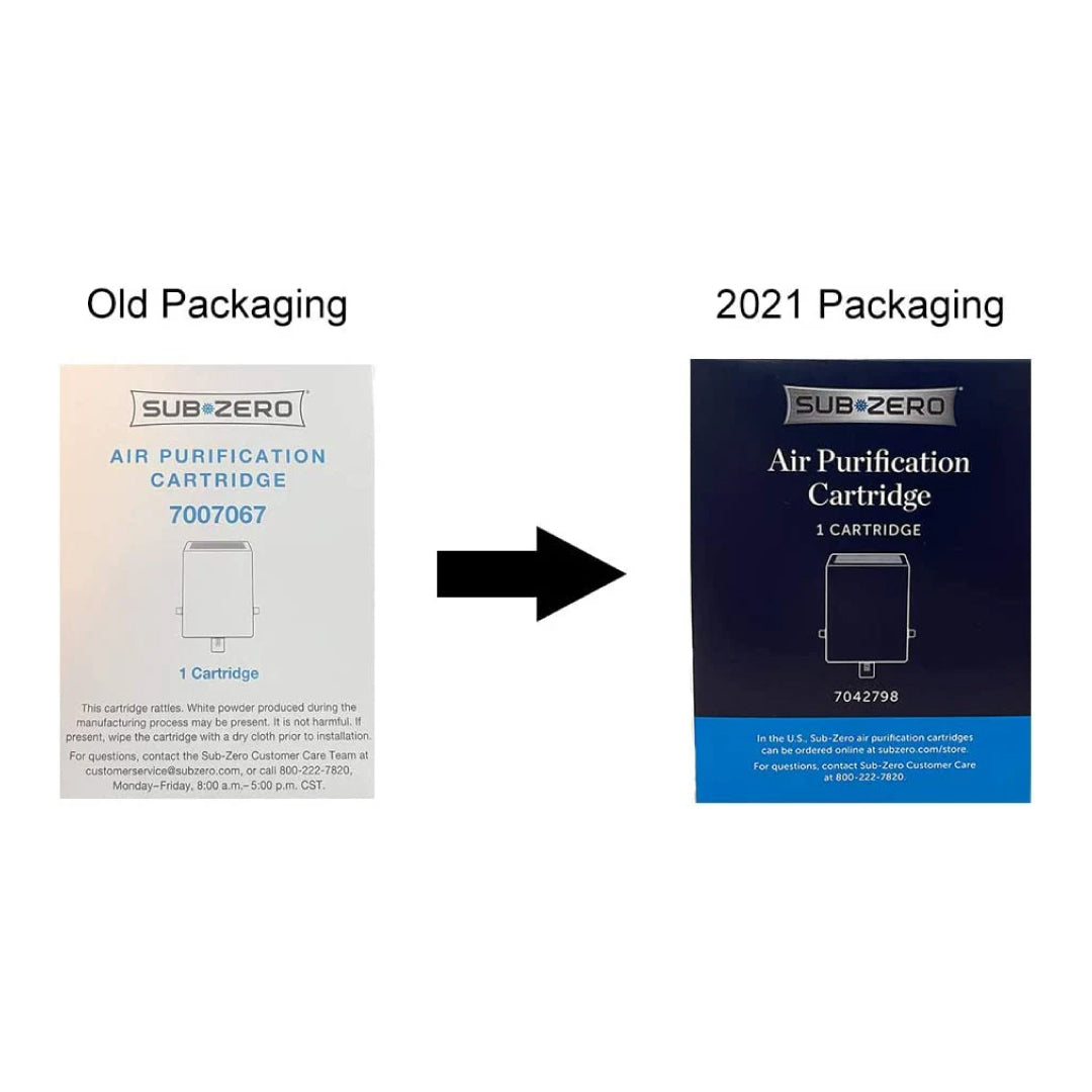 Comparison of old and new Sub-Zero air purification cartridge packaging, showing 7007067 on the left and updated 2021 7042798 design on the right