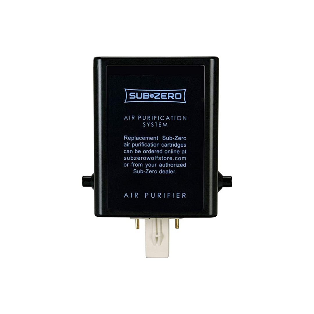 Front view of Sub-Zero Pure Air purification system replacement cartridge for refrigerators, black unit with product label and connector plug