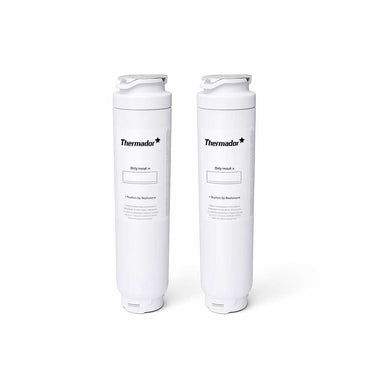Two Thermador refrigerator replacement water filters standing upright on white background for improved water quality