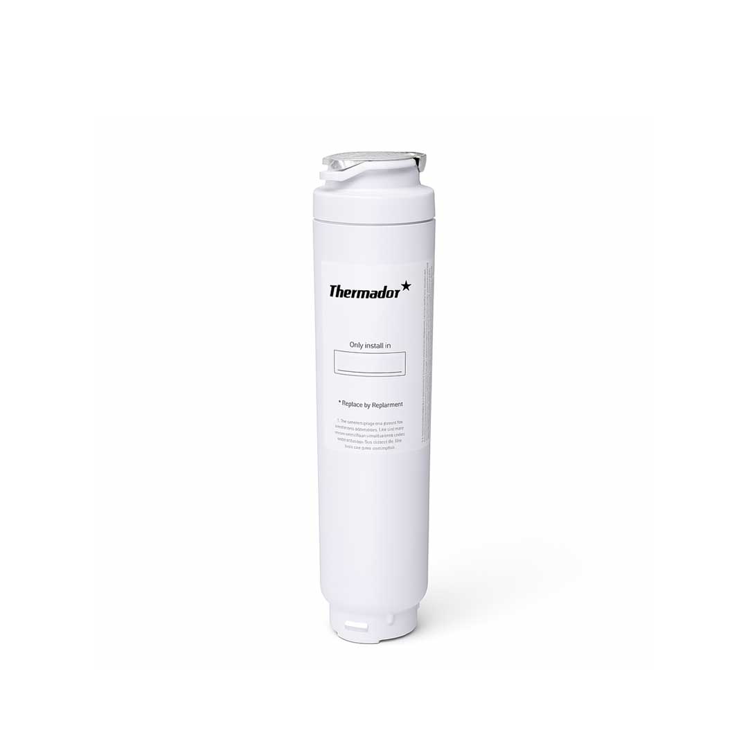 Thermador refrigerator water filter cartridge in white cylindrical design for clean water filtration